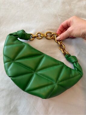 Green Quilted Leather Shoulder Bag with Gold Chain